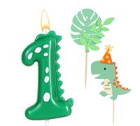 Ronoza Lot de 2 bougies d'anniversaire, en forme de chiffre 1, vertes, au motif de dinosaure, avec 2 décorations de gâteau au motif de dinosaure, Happy Birthday