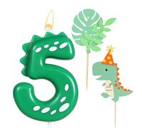 Ronoza Lot de 2 bougies d'anniversaire, en forme de chiffre 5, vertes, avec 2 décorations de gâteau au motif de dinosaure