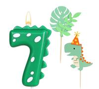 Ronoza Lot de 2 bougies d'anniversaire, en forme de chiffre 7, vertes, avec 2 décorations de gâteau au motif de dinosaure