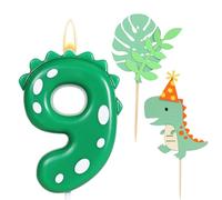 Ronoza Lot de 2 bougies d'anniversaire, en forme de chiffre 9, vertes, avec 2 décorations de gâteau au motif de dinosaure