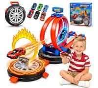 Ronronner Circuit Voiture Transformable avec Boucle 360° & Anneau de Feu - Circuit Voiture Enfant Flexible, 6 Mini Voitures, Auto Spielzeug Circuit Électrique sans Pile pour Garçons