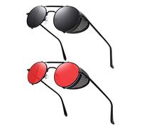RONSOU Steampunk Style Ronde Vintage Lunettes de Soleil Rétro Noir & Rouge UV400 Protection Métal Cadre Gris & Rouge