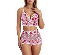Roobeety Ensemble de lingerie pour femme avec broderie à lèvres - Ensemble de sous-vêtements deux pièces en maille transparente - Bralette et shorty avec motif ludique de baiser, Style #i01 rose, L