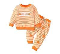 Roobeety Pyjama Enfant à Rayures Tendance et Elegant avec Pumpkin et Alphabet Imprimé Top Manches Longues et Pantalon avec Lacets Confortable et Chaude Ensemble Pyjama Loisirs pour Halloween