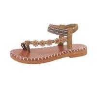 Roobeety Sandales à fleurs 3D pour femme - Style bohème ethnique - Chaussures d'été plates - Sandales confortables - Sandales antidérapantes - Sandales à lanières légères - Bout ouvert - Bande