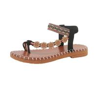 Roobeety Sandales à fleurs 3D pour femme - Style bohème ethnique - Chaussures d'été plates - Sandales confortables - Sandales antidérapantes - Sandales à lanières légères - Bout ouvert - Bande