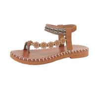 Roobeety Sandales à fleurs 3D pour femme - Style bohème ethnique - Chaussures d'été plates - Sandales confortables - Sandales antidérapantes - Sandales à lanières légères - Bout ouvert - Bande