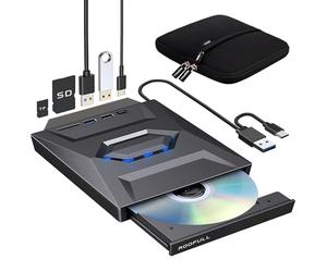 ROOFULL Lecteur CD DVD +/-RW externe avec lecteur de carte SD + USB 3.0 + 2.0 + ports d'entrée de type C et étui de transport, lecteur graveur CD/DVD pour ordinateur portable PC Windows 11/10/8/7,