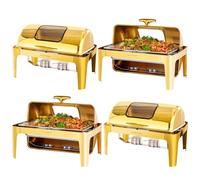Roomark 8,6L Roll Top Calentador Buffet, Servidor de Buffet de Acero Inoxidable SS201, Rectangular, Bandeja de Calefacción,Marco Grueso, Para Buffet,Fiestas de Catering y Bodas, Oro