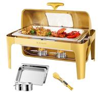 Roomark 8,6L Roll Top Calentador Buffet, Servidor de Buffet de Acero Inoxidable SS201, Rectangular, Bandeja de Calefacción,Marco Grueso, Para Buffet,Fiestas de Catering y Bodas, Oro