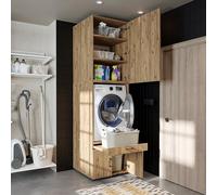ROOMART , Armoire de machine à laver avec armoire, tiroir et planche à rallonge, blanc, chêne noir, superstructure de machine à laver (armoire + élément (87 cm), chêne)