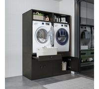 ROOMART Armoire de machine à laver avec plateau coulissant et tiroir, peu encombrant, pratique, idéale pour la buanderie (chêne noir, 2 armoires - 184 cm de haut)