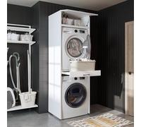 ROOMART • Armoire de machine à laver pour sèche-linge et machine à laver • Avec planche coulissante • Blanc • Chêne noir • Armoire superposée (blanc, avec armoire pliante de 22 cm)