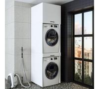 ROOMART • Armoire de machine à laver pour sèche-linge et machine à laver • Avec planche coulissante • Blanc • Chêne noir • Armoire superposée (blanc, avec armoire pliante de 57 cm)