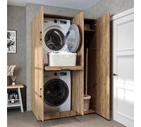 ROOMART Armoire pour machine à laver Dora Set pour sèche-linge & lave-linge, en 4 couleurs, avec portes et plateau coulissant Blanc, Blanc chêne, Anthracite chêne