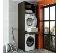 ROOMART • Armoire pour sèche-linge et lave-linge • avec plateau coulissant • Blanc • Chêne noir • Meuble de rangement (Chêne noir, avec armoire rabattable de 57 cm)