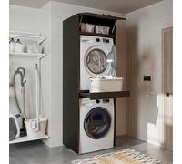 ROOMART • Armoire pour sèche-linge et lave-linge • avec plateau coulissant • Blanc • Chêne noir • Meuble surélevé (Chêne noir, avec placard rabattable de 22 cm)