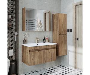 ROOMART ATRIA-85 Ensemble Meubles Salle de Bain 4 Pièces - Meuble sous-Vasque, Vasque, Armoire à Miroir & Colonne - H × L × P : 45 × 82 × 45 • Chêne