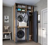 ROOMART Dora - Armoire de machine à laver - Blanc - Chêne blanc - Chêne anthracite - 115 x 186 x 68 cm - 2 portes coulissantes - 2 compartiments - 1 étagère - 130 kg max.