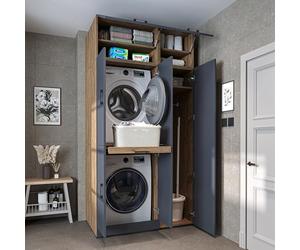 ROOMART Dora - Armoire de machine à laver - Blanc - Chêne blanc - Chêne anthracite - 115 x 186 x 68 cm - 2 portes coulissantes - 2 compartiments - 1 étagère - 130 kg max.