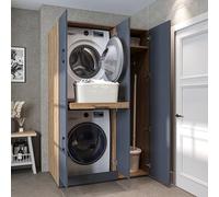 ROOMART Dora - Armoire de machine à laver - Pour sèche-linge et machine à laver - En 4 couleurs - Avec portes et panneau coulissant - Blanc - Chêne blanc - Chêne anthracite - Chêne anthracite (chêne
