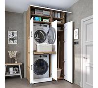 ROOMART Dora - Armoire de machine à laver - Pour sèche-linge et machine à laver - En 4 couleurs - Avec portes et panneau coulissant - Blanc - Chêne