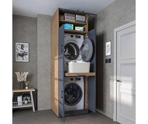 ROOMART Dora Armoire de Machine à Laver, pour sèche-Linge et Machine à Laver, en 4 Couleurs, avec Portes et Planche coulissante (chêne Anthracite, Hauteur 230 cm)