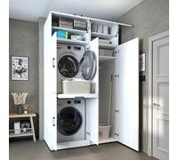ROOMART Dora Armoire pour machine à laver - Pour sèche-linge et machine à laver - 130 cm de large - 4 couleurs - Avec portes et tiroir coulissant (hauteur 230 cm - avec base, blanc)