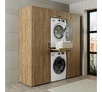 ROOMART Duo-I Mur d'armoire 187 cm - Machine à laver et sèche-linge superposables, 2 armoires hautes, planche, tiroir, fermeture douce (chêne, 4 étagères)