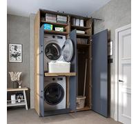 ROOMART Meuble pour machine à laver et sèche-linge Dora Set, 130 cm de large, en 4 couleurs, avec portes et plateau coulissant (230 cm de haut - Avec meuble superposé, Chêne anthracite)