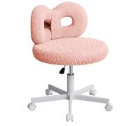 ROOMTEC Chaise de coiffeuse avec roulettes, chaise de maquillage pivotante, chaise de chambre à coucher réglable en hauteur, avec dossier rembourré et joli nœud (pieds blancs, rose)