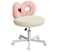 ROOMTEC Chaise de coiffeuse pivotante à roulettes avec dossier rembourré et joli nœud - Hauteur réglable - Pieds blancs, rose et blanc