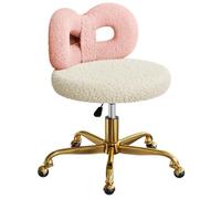 ROOMTEC Fauteuil de maquillage pivotant à roulettes réglable en hauteur avec dossier rembourré et joli nœud (pieds dorés, rose et blanc)