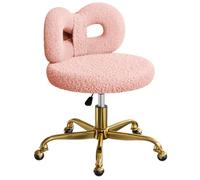 ROOMTEC Fauteuil de maquillage pivotant avec roulettes - Réglable en hauteur - Rose - Avec dossier rembourré et joli nœud - Pour chambre à coucher et salon (pieds dorés, rose)
