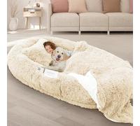 ROOMTEC Lit pour chien - Lit géant lavable en mousse à mémoire de forme avec oreiller moelleux, couverture, sangle - 10 cm d'épaisseur - 180 x 114,3 x 30,5 cm - Beige