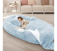 ROOMTEC Lit pour chien - Lit géant lavable en mousse à mémoire de forme avec oreiller moelleux, couverture, sangle - 10 cm d'épaisseur - 180 x 114,3 x 30,5 cm - Bleu