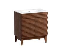 ROOMTEC Vanité de salle de bain de 76,2 cm avec évier, lavabo autoportant du milieu du siècle avec rangement, évier en céramique encastrable, cadre en panneaux de particules avec stratifié grain de
