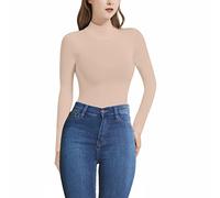 RoomTour Body sexy manches longues Femmes Bodysuit Thong sexy ajustée élégante col haut Couleur chair XL