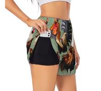 Rooster and Chicken Short de sport double couche respirant et extensible pour femme, Noir/blanc, XXL taille courte
