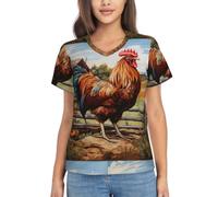 Rooster On Wood in Farmland Print T-shirt d'été décontracté à manches courtes et col en V pour femme, Noir , L
