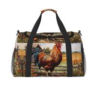 Rooster On Wood in Farmland Sac de voyage avec fermetures éclair et poignées, grand sac de sport pliable pour vacances en famille, Noir , Taille unique