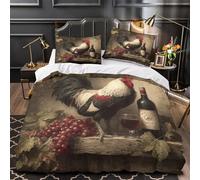 Rooster with Wine Parure de Lit 3D Imprimé Microfibre 3 Pièces 2xTaies Super Douce Vintage still Life Ensemble De Literie Confortable Entretien Facile for Enfants Garçons Ado Single（135x200cm）