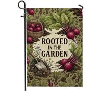 Rooted In The Vegetable Drapeau de jardin rustique avec citation betteraves | Style rustique de ferme, drapeau de cour, thème potager, illustration botanique, décoration de jardinage à la maison