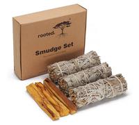rooted.® Kit d'encens Premium [QUALITÉ Bio] | 3 fagots de Sauge Blanche de Californie + 3 bâtons de Palo Santo [100% Pur Naturel] | Encens Traditionnel | Récolte 100% contrôlée et Durable