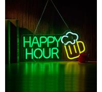 Roouneon Panneau néon LED Happy Hour à intensité variable pour bar, club, chambre à coucher, bureau, hôtel, pub, café, mariage, fête d'anniversaire, décoration murale (43,2 x 20,3 cm)
