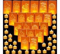Roowest Lot de 24 sacs à bougies avec bougies chauffe-plat LED sans flamme, sacs en papier résistant aux flammes, 6 motifs, sacs à bougies orange pour Thanksgiving, maison, fête, décoration extérieure