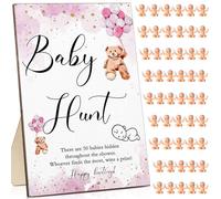 Roowest Lot de 51 jeux pour fête prénatale avec panneau de chasse au bébé en bois 50 mini bébés en plastique pour bébés garçons et filles - Jeux de fête prénatale pour révélation du sexe - Cadeaux de