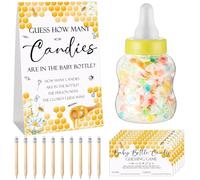 Roowest Lot de 62 jeux de fête prénatale Guess How Many Candies are in The Jar - 50 petits jeux de devinettes - 10 crayons HB et bouteille de lait de 1000 ml - Pour fête prénatale - Révélation du sexe