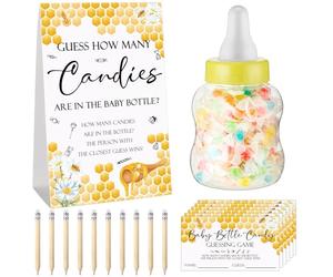 Roowest Lot de 62 jeux de fête prénatale Guess How Many Candies are in The Jar - 50 petits jeux de devinettes - 10 crayons HB et bouteille de lait de 1000 ml - Pour fête prénatale - Révélation du sexe