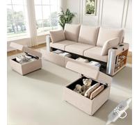 Ropilly Canapé Modulaire en Velours Côtelé d'angle 5 Places Beige | Éclairage LED intégré, ports USB et Type-C, porte-gobelets, étagère d'accoudoir et grands tiroirs de rangement sous l'assise